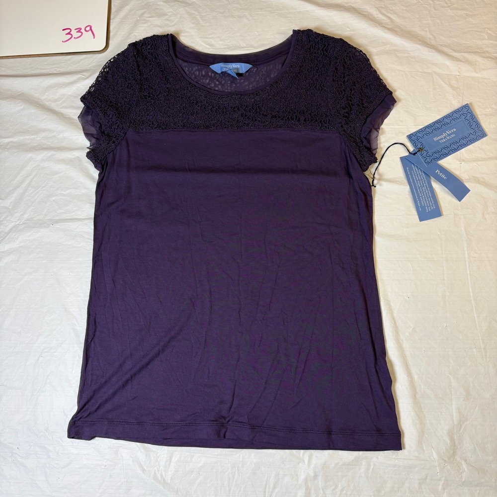 Simply Vera Vera Wang Purple Lace Yoke Flutter Sleeve Womens Top Size PM Petite